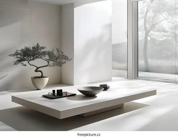 Minimalist Interior Design with Bonsai Tree and Large Window