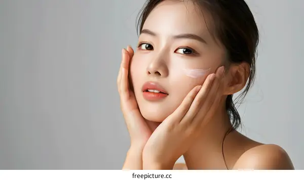 Beautiful Asian Woman Applying Face Cream on Her Cheek