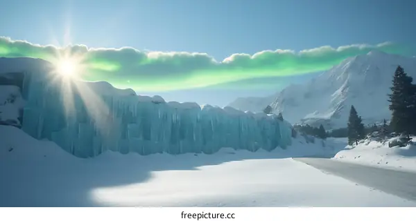 Ice Wall in the Mountains with Green Northern Lights