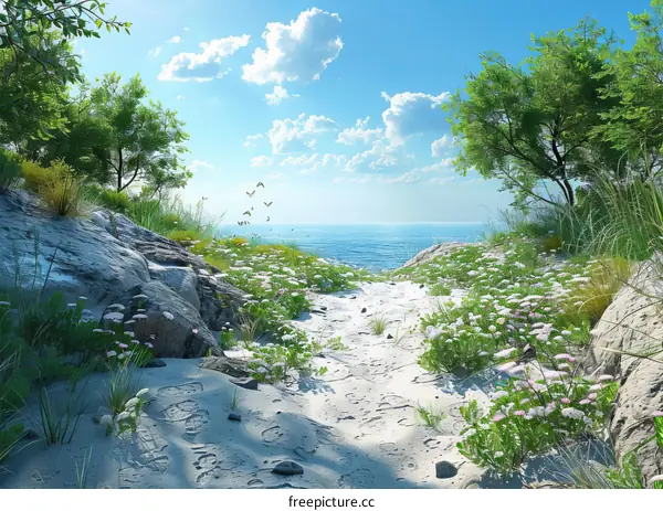 Sunlit Forest Path Leading to Secluded Beach