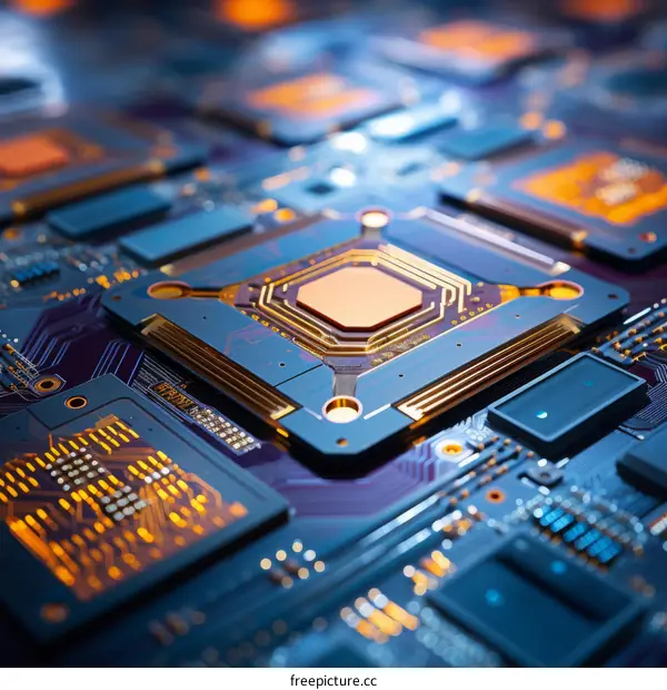 A close-up of a computer chip with blue and orange lights