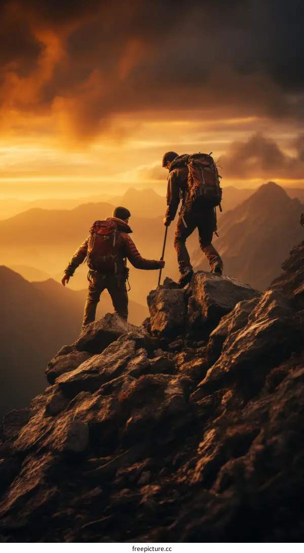 Two hikers on a mountaintop at sunset