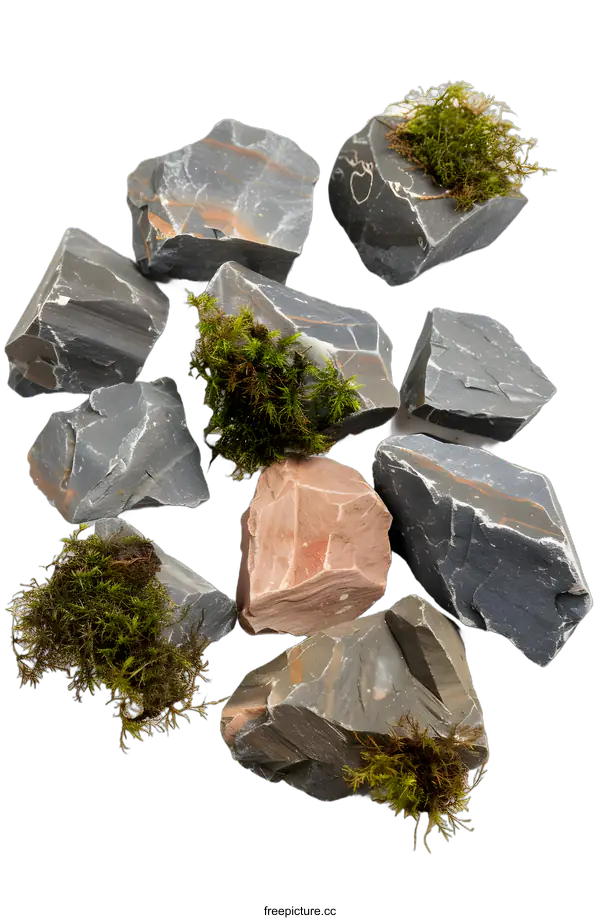 [Transparent Background PNG]Grey and Brown Stones with Moss on White Background