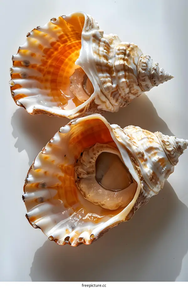 Two big seashells with orange insides