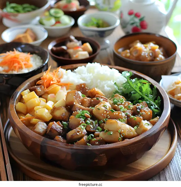 A delicious Japanese dish with rice, meat, and vegetables