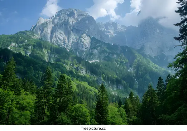mountain valley landscape with green trees and blue sky