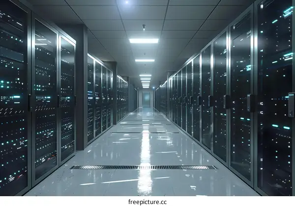Server room with rows of server racks containing multiple server blades and hard drives for data storage and processing.