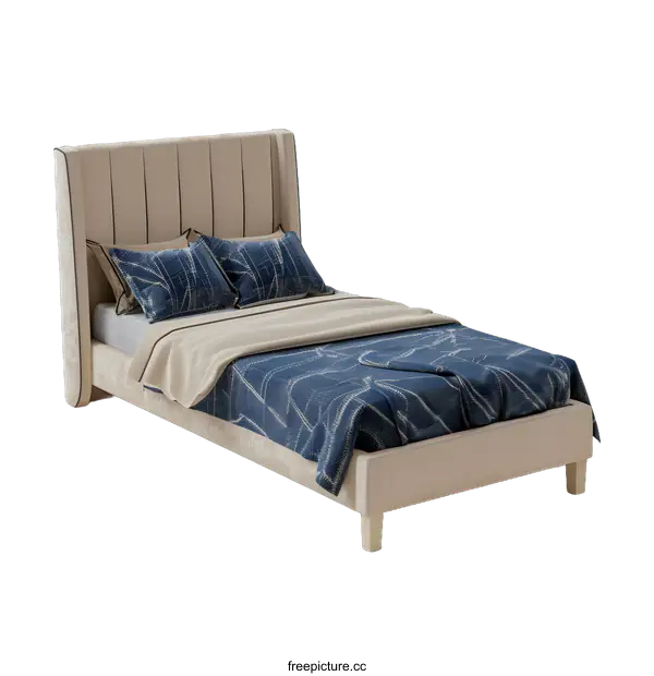 [Transparent Background PNG]Beige Upholstered Bed with Blue Bedding and Pillow