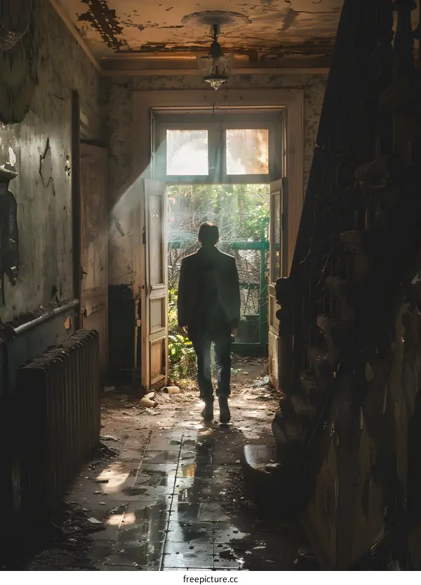 Man walking into the light from a doorway