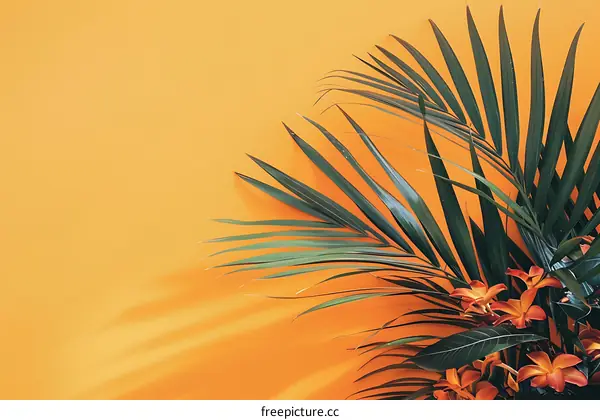 Tropical Leaves and Flowers on Orange Background
