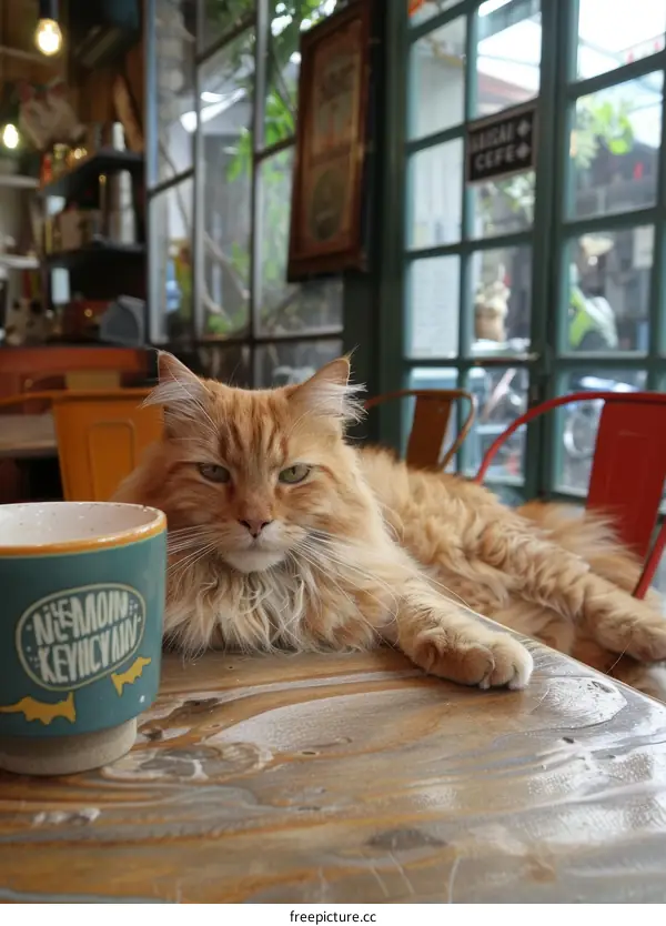 Ginger cat lying on a table in a cafe