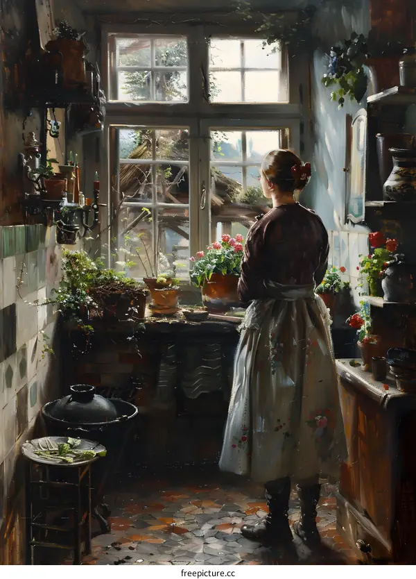 A woman standing in a kitchen looking out the window