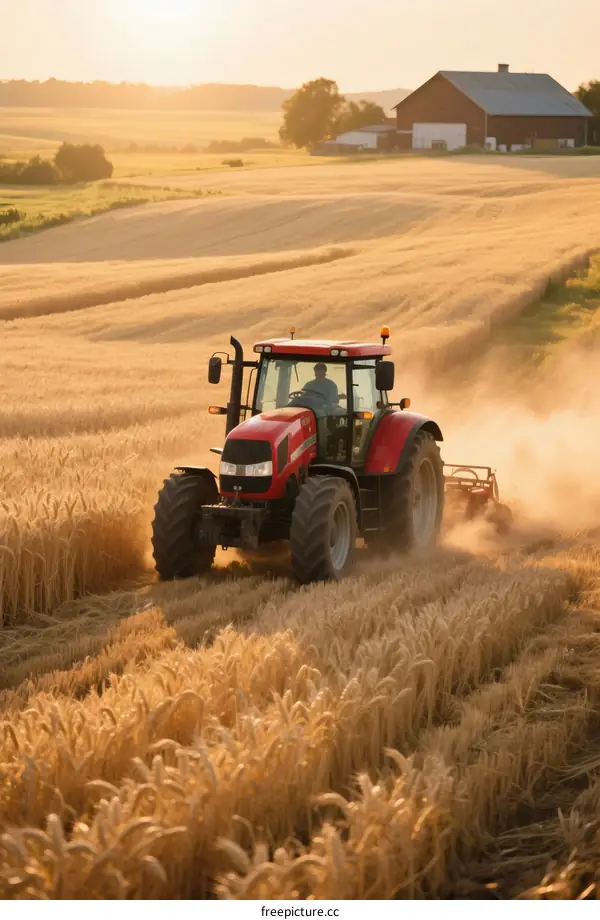 Red Tractor Working on Golden Wheat Field at Sunset