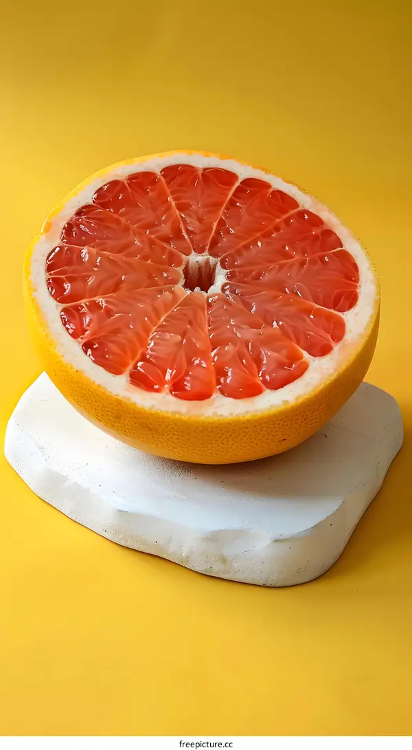Freshly Cut Red Grapefruit on White Plate Against Yellow Background