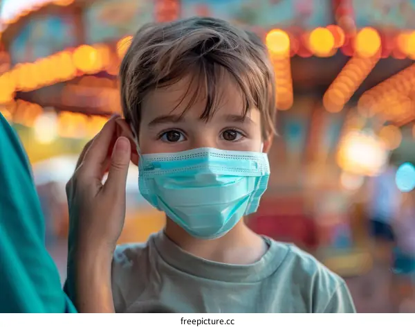 Little boy wearing a surgical mask during the COVID-19 pandemic