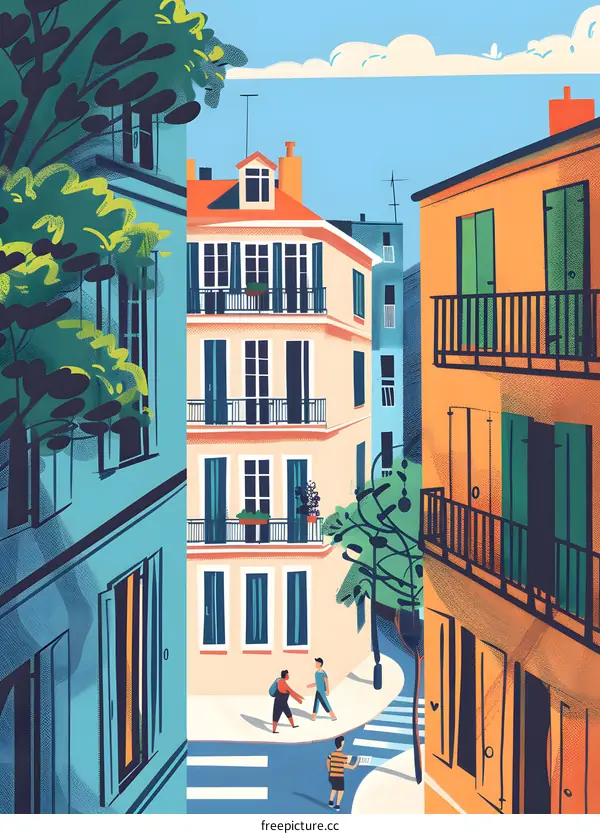 Colorful Cityscape with People Walking on Street