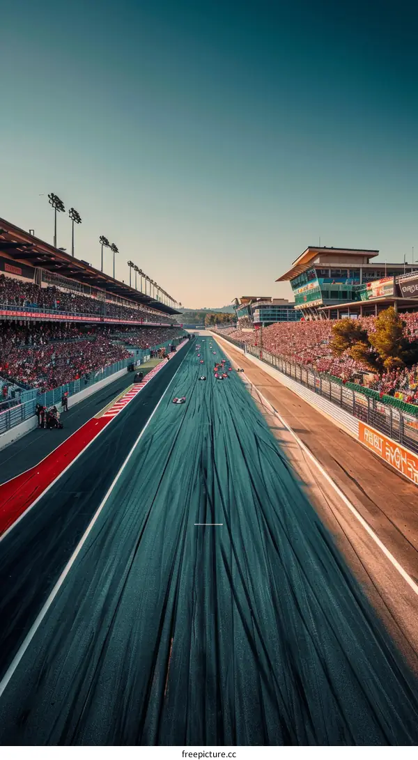 Formula One cars racing on a track with spectators in the stands