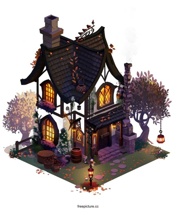 [Transparent Background PNG]Cozy Cottage Illustration with Autumn Leaves and Lanterns