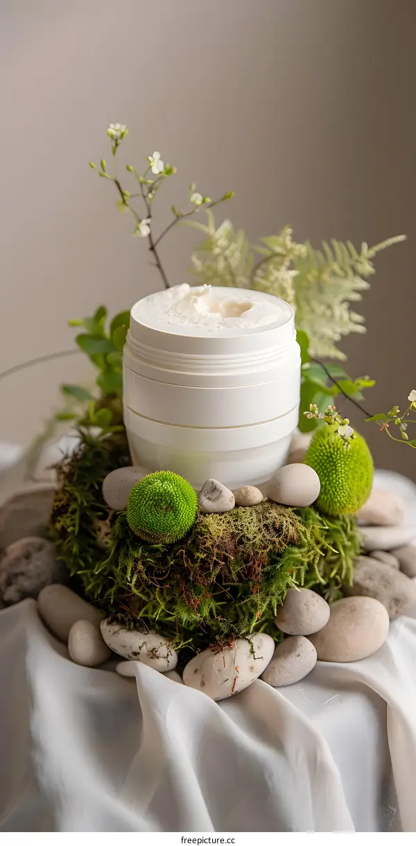 White Cream Jar on Moss and Stones with Flowers