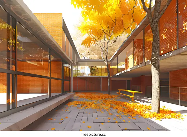 Autumn Leaves in a Modern Courtyard