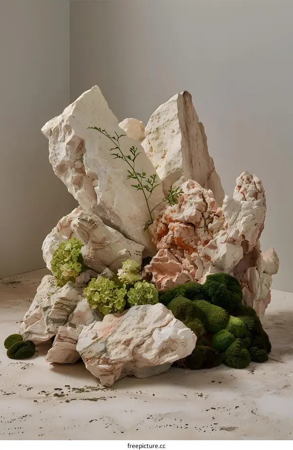 Abstract Rock and Plant Sculpture with Minimalist Background