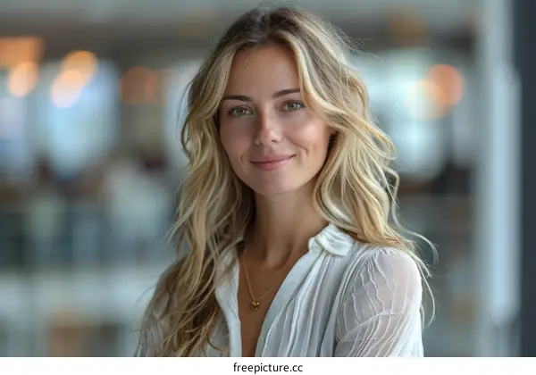 Portrait of a smiling young woman with long blond hair wearing a white blouse