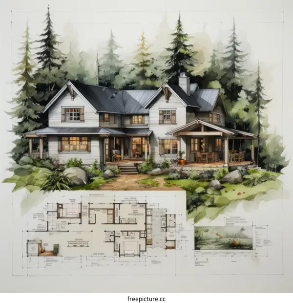 house plan of a modern two-story house with a porch and a garage