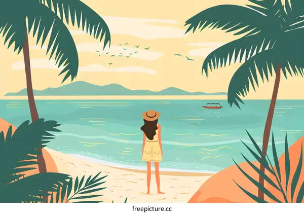 Woman Standing On Beach With Palm Trees In The Background