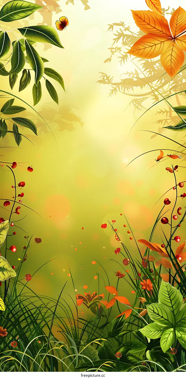 Green and Orange Leaves in the Summer Forest