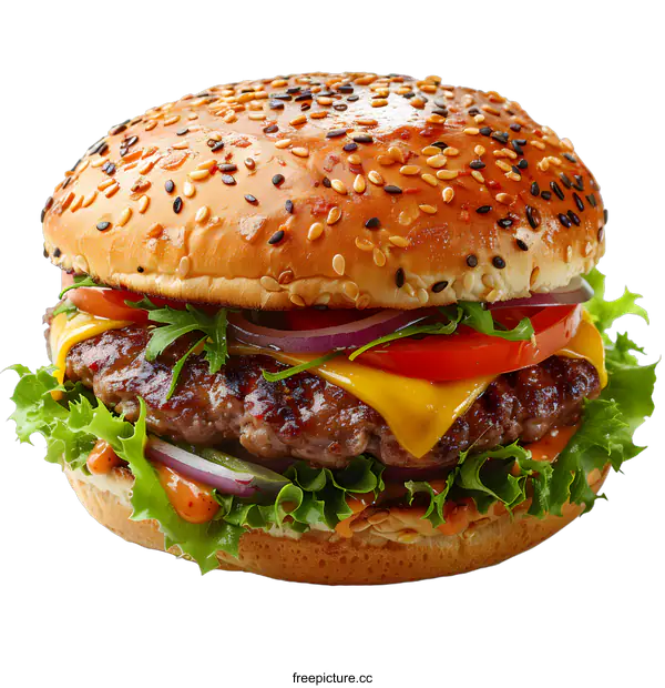 [Transparent Background PNG]yummy burger with cheese tomato and salad
