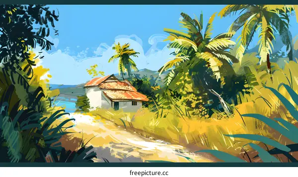 Tropical House With Palm Trees Illustration