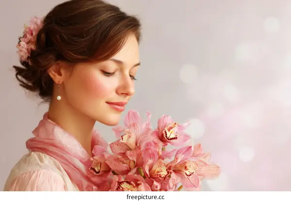 Beautiful Woman with Pink Orchid Flowers