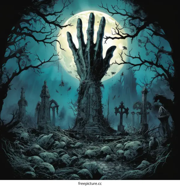 A zombie hand reaching out from a graveyard