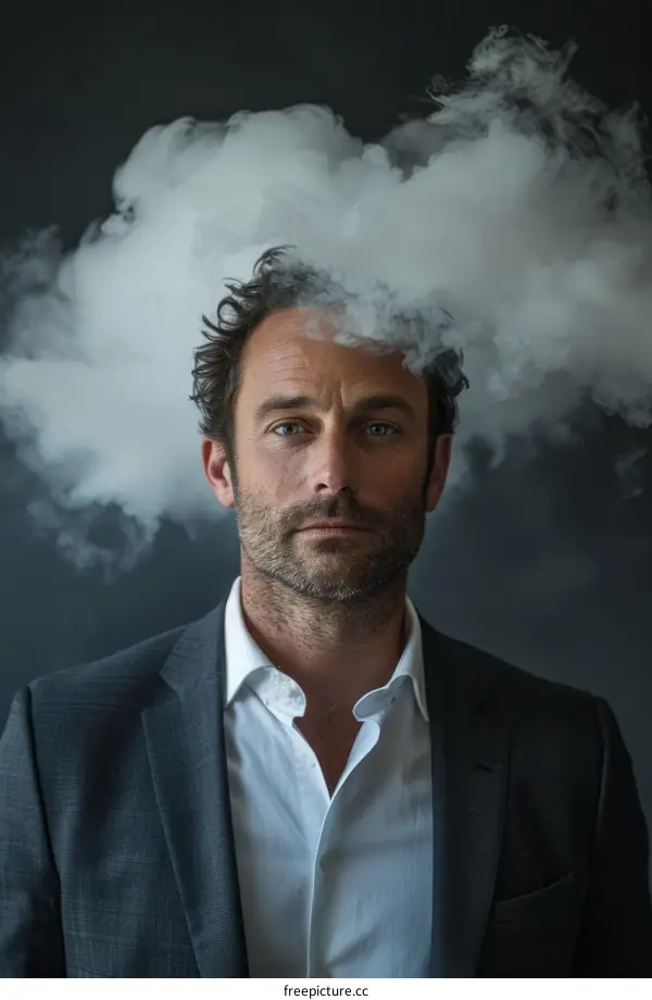 man in suit with white cloud on his head
