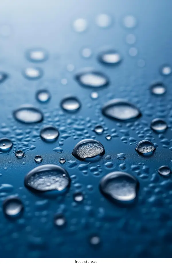 Close-up of water droplets on a blue surface