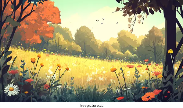 Summer Meadow with Flowers and Trees