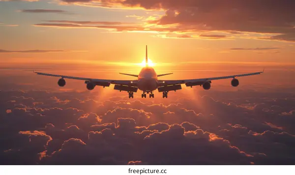airplane flying over the clouds at sunset