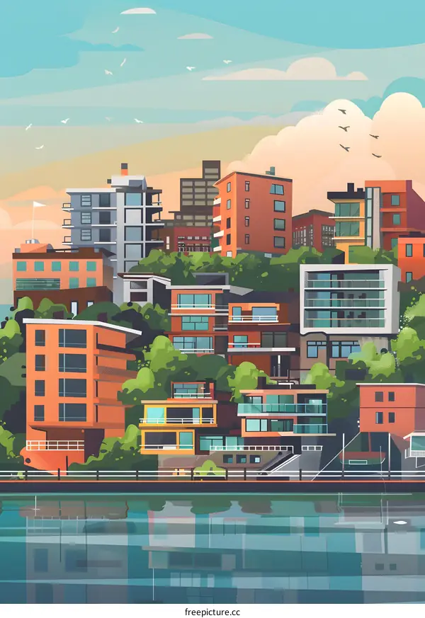 Modern Cityscape With Buildings and Water Reflection