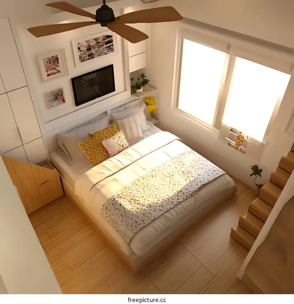 Modern Minimalist Bedroom Interior Design with Ceiling Fan and White Walls