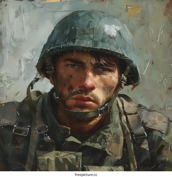 Portrait of a Soldier in a Helmet with a Serious Expression