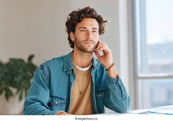 A young man in casual denim jacket sitting at desk thinking