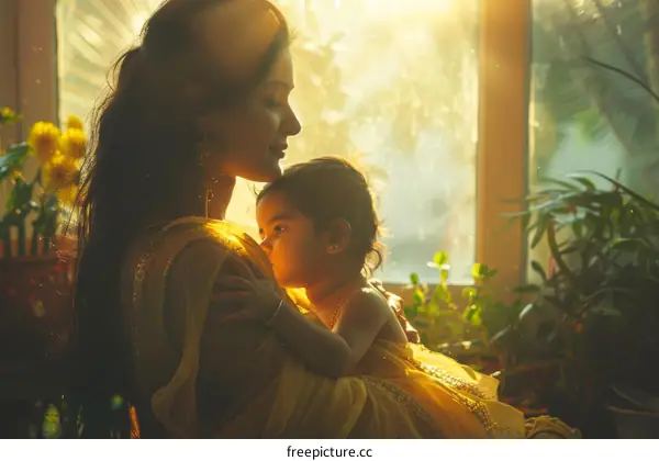 Loving Embrace of Mother and Daughter in Warm Sunlight