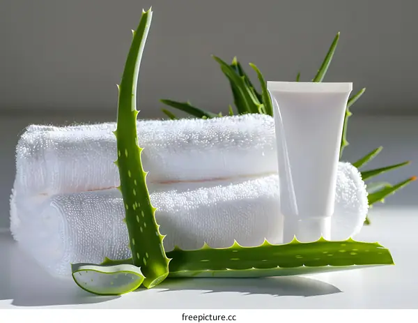 Aloe Vera Plant Cream and White Towels on White Background