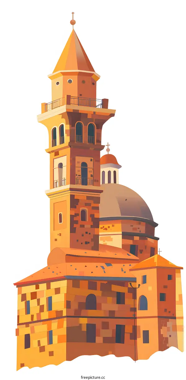 Digital Illustration of an Ancient Church Building with a Bell Tower