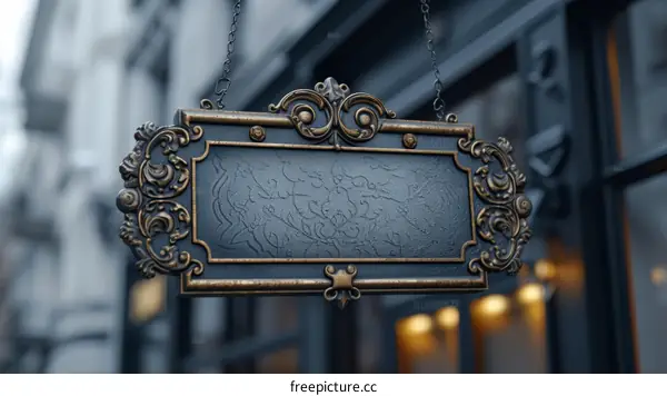 ornate vintage metal signboard with hanging chains