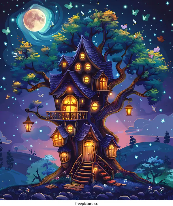 Fantasy Treehouse With Moon Night Sky