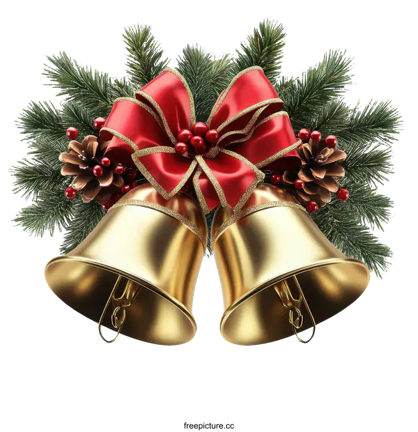 [Transparent Background PNG]Christmas Gold Bells with Red Ribbon Decoration