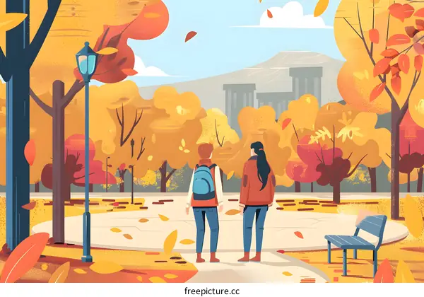 Autumn Couple in the Park with Falling Leaves