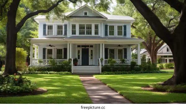 Large two-story house with lush green lawn and trees