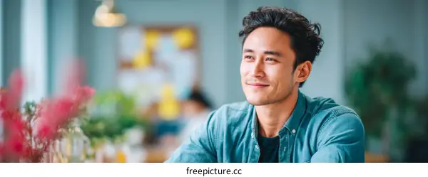 Smiling Asian Man in Casual Wear